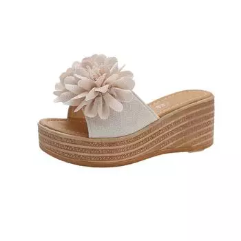 Лето 2024 года, новая корейская версия модных женских тапочек на танкетке с цветочным принтом, повседневные сандалии с открытым носком и толстой подошвой One Word Muffin 35 розовый