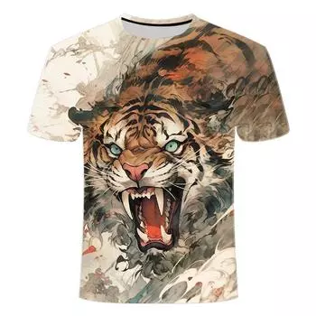 Лето 2024 года, новая мужская футболка с круглым вырезом, напечатанная на 3D-принтере, серия Explosion Fearly Tiger XS