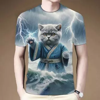 Лето 2024 года, новая мужская футболка с круглым вырезом и короткими рукавами с принтом в виде котенка Kung Fu XS