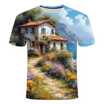 Лето 2024 года, новая повседневная футболка с круглым вырезом и короткими рукавами с 3D-принтом и принтом в виде пейзажа для мужчин и женщин XS