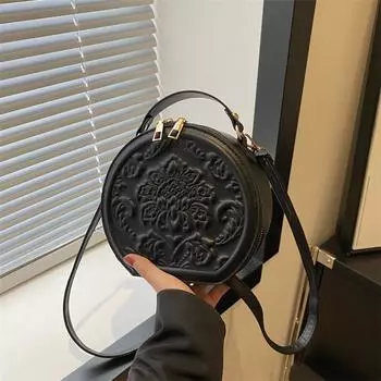 Лето 2024 года, новая ретро-мода, эстетичный темперамент, женская простая модная повседневная однотонная сумка через плечо, маленькая круглая сумка чёрный