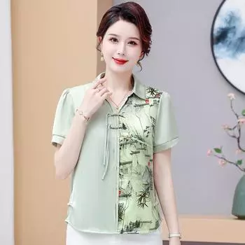 Лето 2024 года, новая рубашка из искусственного шелка с коротким рукавом, модный костюм для женщин среднего и пожилого возраста, футболка, топ XL зелёный