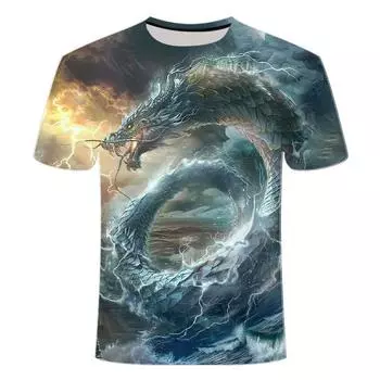 Лето 2024 года, новые 3D-печатные футболки с коротким рукавом, персонализированные и взрывные, серия Mighty Dragon Birth для мужчин и женщин XS