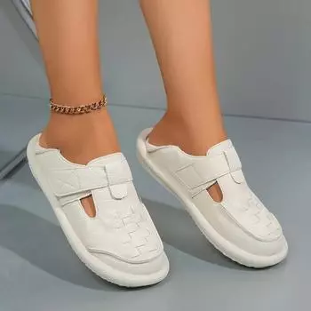 Лето 2024 года, новые дышащие сандалии на плоской подошве с круглым носком, удобные однотонные модные спортивные туфли для отдыха для женщин 35 бежевый