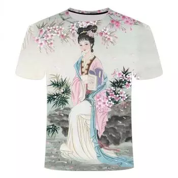 Лето 2024 года, новые футболки с круглым вырезом и коротким рукавом с 3D-принтом и вышитым креативным узором в стиле древней живописи для мужчин и женщин XS
