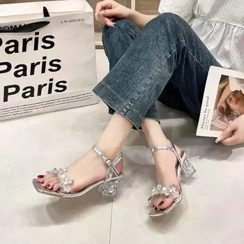 Лето 2024 года, новые квадратные туфли на высоком каблуке, однотонные, с одной пуговицей, сексуальная верхняя одежда, женские сандалии, удобные туфли на высоком каблуке для женщин 35 серебряный