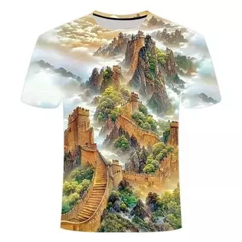 Лето 2024 года, новые модные футболки с коротким рукавом и круглым вырезом с 3D-принтом и индивидуальным креативным пейзажем для мужчин и женщин XS