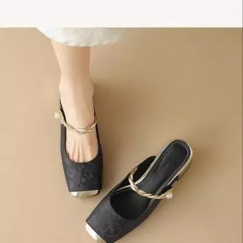 Лето 2024 года, новые модные тапочки Baotou с квадратной головкой, однотонные, легкие, удобные и минималистичные туфли на высоком каблуке 35 бежевый