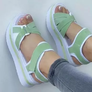 Лето 2024 года, новые модные удобные женские босоножки на низком каблуке, повседневные босоножки на танкетке 35 розовый