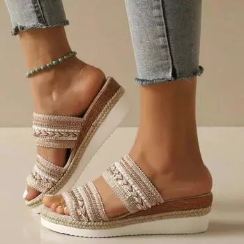 Лето 2024 года, новые модные универсальные босоножки большого размера на плоской подошве с бахромой и широкими полосками на танкетке 36 абрикосовый