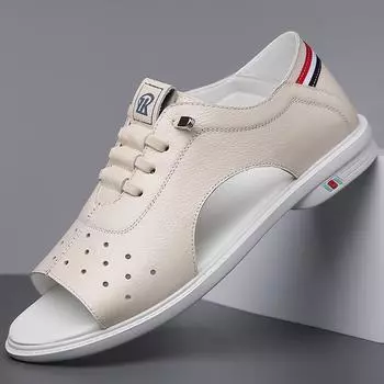 Лето 2024 года, новые мужские дышащие повседневные сандалии, мужские кожаные сандалии с открытым носком из римской кожи, модная обувь для мужчин 8003 38 коричневый