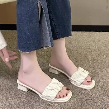 Лето 2024 года, новые однотонные туфли с квадратным носком, женские тапочки с открытым носком, простые квадратные каблуки, удобные высокие каблуки для женщин 35 бежевый