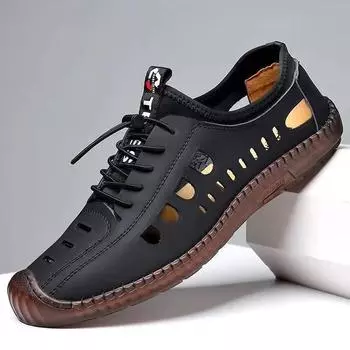 Лето 2024 года, новые полые дышащие кожаные туфли, мужские повседневные туфли с одной педалью, универсальные туфли Doudou на мягкой подошве 39
