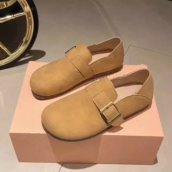 Лето 2024 года, новые удобные и модные женские туфли на плоской подошве с круглой головкой и однотонной матовой кожаной поверхностью 35 бежевый