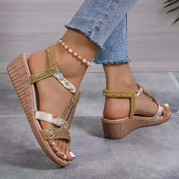 Лето 2024 года, новые женские босоножки на танкетке в европейском и американском стиле с толстой подошвой, круглым носком и открытым носком 35 небесно-голубой