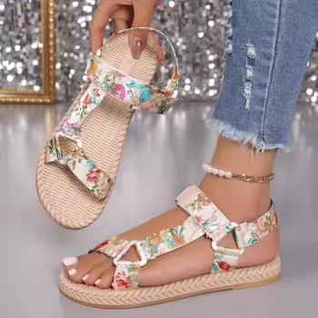 Лето 2024 года, новые женские модные босоножки большого размера с принтом на плоской подошве 36