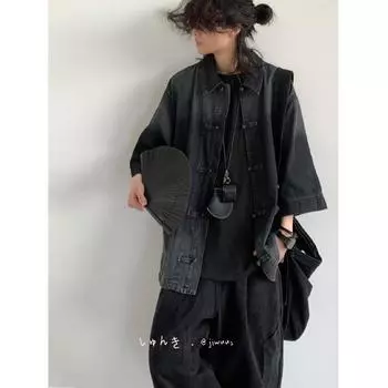 Лето 2024 года, новый китайский стиль, национальный стиль, старый ковбойский пиджак для мальчиков и девочек, свободный ретро-топ из выбеленного денима с пряжкой M чёрный