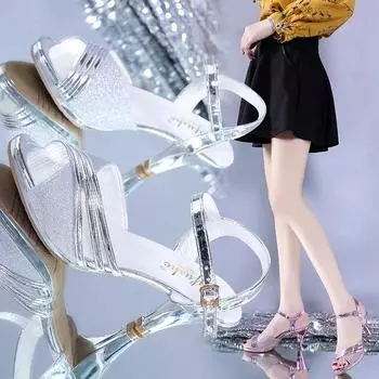 Лето 2024 года, новый стиль, британский стиль, модные босоножки с открытым носком и пряжкой «рыбий рот», женские модные удобные туфли на высоком каблуке 34 золотой