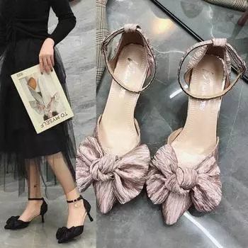 Лето 2024 года. Обувь на тонком каблуке. Босоножки на шпильках для женщин. Женские туфли с розовым бантом. Закрытые босоножки с острым носком для вечеринок и свадеб. F Vip 34