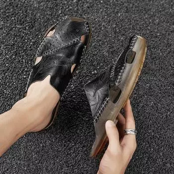 Лето 2024 года, популярные мужские тапочки большого размера, мягкая подошва из натуральной коровьей кожи, легкие повседневные пляжные сандалии 38 чёрный