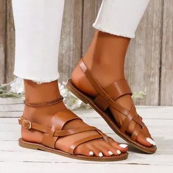 Лето 2024 года, популярные женские сандалии на низком каблуке большого размера, однотонная верхняя модная женская обувь для пляжного отдыха 39 светло-коричневого