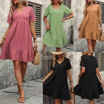 Лето 2024 года, струящееся женское платье европейского и американского покроя с короткими рукавами и приталенной талией L зелёный