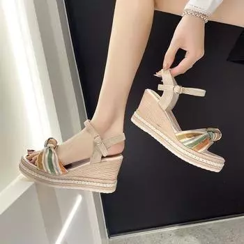 Лето 2024 года, женские босоножки One Word на танкетке с платформой, водонепроницаемая обувь, женская обувь на танкетке, черные, сверхвысокие, F Vip H 35