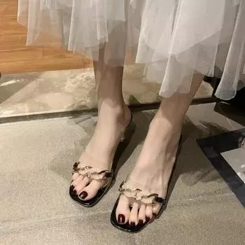 Лето 2024 года, женские босоножки с открытым носком, на тонком высоком каблуке, туфли в стиле OL, повседневные сандалии, женские прозрачные тапочки с цепочкой 35 бежевый