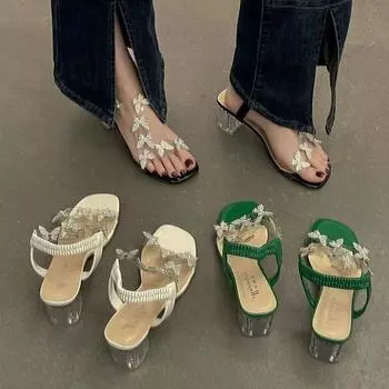 Лето 2024 года, женские туфли с бриллиантами, высокие каблуки, прозрачная обувь, зеленые босоножки для женщин, квадратные прозрачные туфли-лодочки со стразами H 35