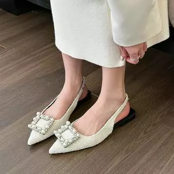 Лето 2024 года, женские туфли с острым носком, бриллиантовая обувь, босоножки без каблука для женщин, закрытые, белые, плоские, резиновые, со стразами, тренд, Корея 35