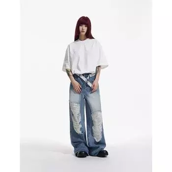 Лето 2024, Harajuku, свободные винтажные джинсы с высокой талией Y2K, уличные стильные женские широкие мешковатые рваные джинсовые брюки S чёрный