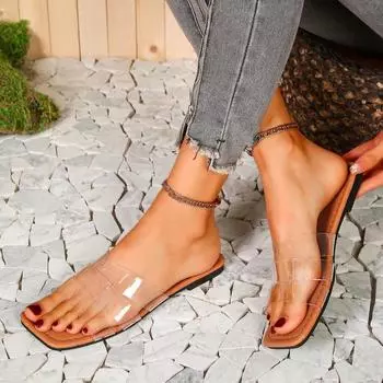 Лето 2024, хит продаж, женские тапочки высокого качества, женская обувь на плоской подошве с открытым носком, большой размер, однотонная женская пляжная обувь 43 прозрачный