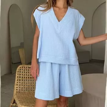 Лето 2024, комплект без рукавов, однотонный повседневный топ с баской и v-образным вырезом, домашняя одежда, женский комплект из двух предметов L
