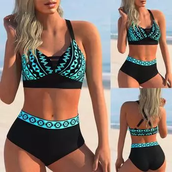 Лето 2024, комплект из двух предметов, пляжное бикини, сексуальный комплект купальников, летний женский новый принт, бикини из двух предметов, пляжный купальник S синий