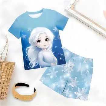 Лето 2024, комплекты футболок и шорт с короткими рукавами из полиэстера, милые детские комплекты из полиэстера с 3D принтом принцессы для девочек от 4 до 14 лет, милые комплекты из футболки и шорт с короткими рукавами для девочек, лето 2024 100CM