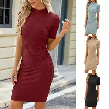 Лето 2024, модная элегантная женская одежда, облегающие однотонные платья с короткими рукавами и полувысоким воротником L