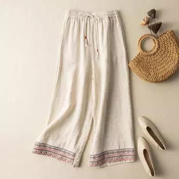 Летняя мода 2025 года, ниспадающее ощущение хлопка и льна, вышивка, широкие брюки, женские свободные прямые брюки L миндальный