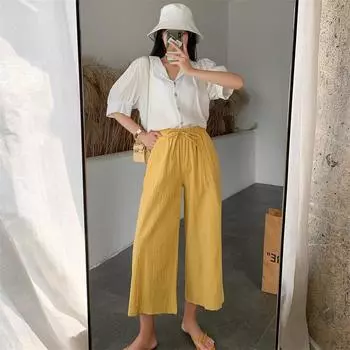 Лето 2024, модные широкие брюки, женские хлопковые и льняные дышащие свободные брюки большого размера L