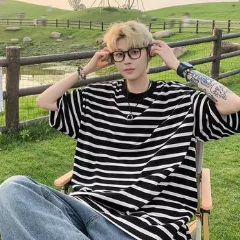 Лето 2024, мужская футболка большого размера, забавная футболка в стиле Харадзюку, уличная одежда, женские полосатые футболки в японском стиле в стиле хип-хоп, свободные футболки с половиной рукава, мужские XXXL чёрный