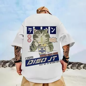 Лето 2024, мужская футболка с 3d японским котом и принтом, футболка с короткими рукавами, модная повседневная мужская одежда, свободная футболка большого размера для мужчин XL