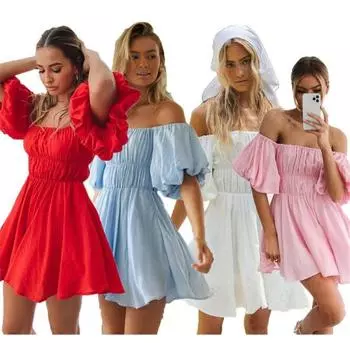 Лето 2024, новая европейская и американская женская одежда, однотонная юбка с открытым вырезом и пышными рукавами S