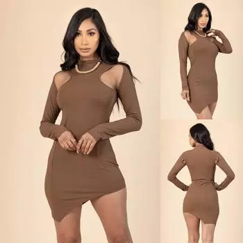 Лето 2024, новая европейская и американская женская одежда, однотонное облегающее платье с вырезами S коричневый