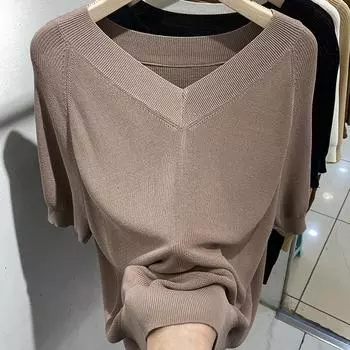 Лето 2024 Новая мода короткий рукав вязаный женский свитер V-образный вырез белый черный вязаный свитер пуловеры женские топы JJ40 One Size чёрный