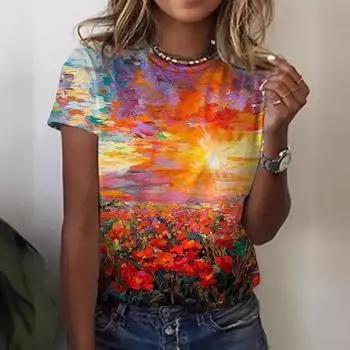 Лето 2024, новая повседневная женская футболка с короткими рукавами и 3D принтом в европейском и американском стиле с цветочным пейзажем S