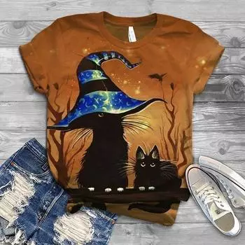 Лето 2024, новинка, простая женская футболка с милым принтом кота, элегантная женская футболка с коротким рукавом, женская футболка, уличная хипстерская одежда, Ropa Mujer 8XL