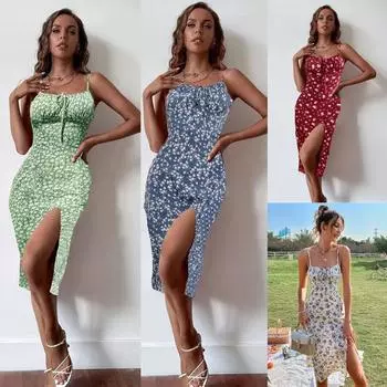 Лето 2024, новое элегантное пляжное платье без рукавов с разрезом в европейском и американском стиле S