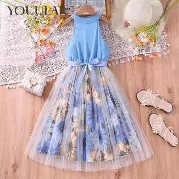 Лето 2024, новое кружевное платье принцессы без рукавов с принтом для девочек, детская одежда 8Y небесно-голубой