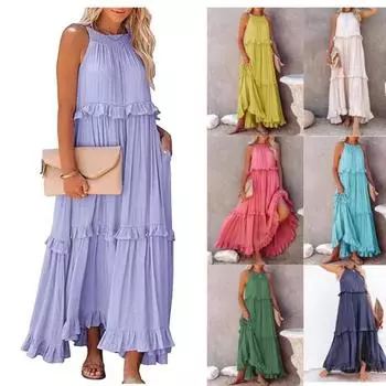 Лето 2025 года, новое женское длинное платье для отпуска с оборками, струящееся А-силуэта с халтер-воротником, сексуальное пляжное платье, праздничная элегантная пляжная юбка S белый