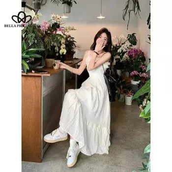 Лето 2024, новое женское элитное изысканное маленькое белое платье с бретелькой на шее, длинное французское платье феи S белый