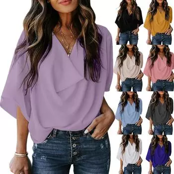 Лето 2024, новые европейские и американские женские коллекции;s Шифоновая рубашка с v-образным вырезом женская;футболка со свободными рукавами S